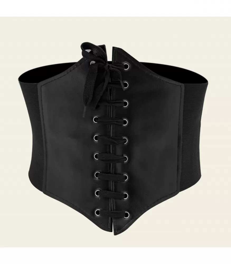 Black wide leatherette waist belt with cords