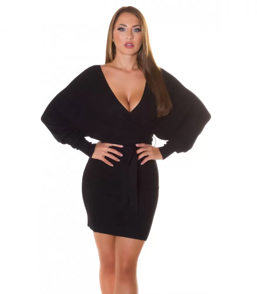 Black wrap-look v-knit dress with bat sleeves and belt
