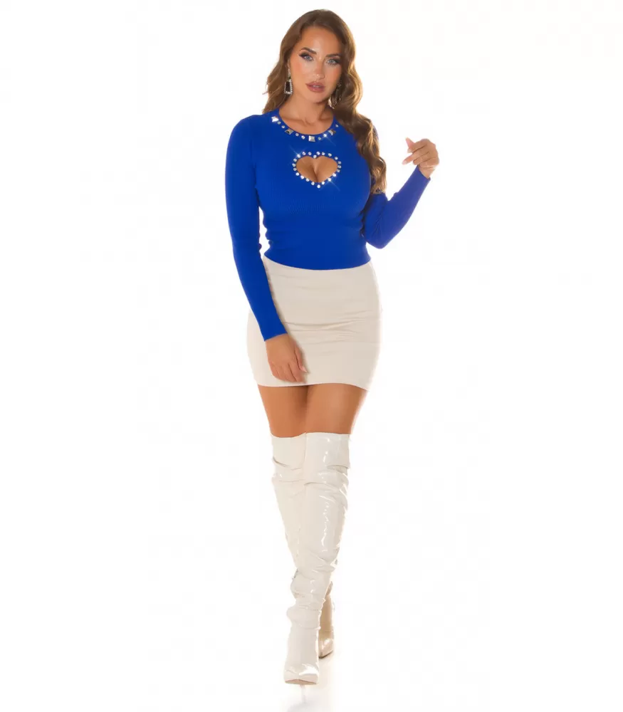 Blue Rhinestone Decorated Sweater with Heart Peek Hole HerSecret.fi