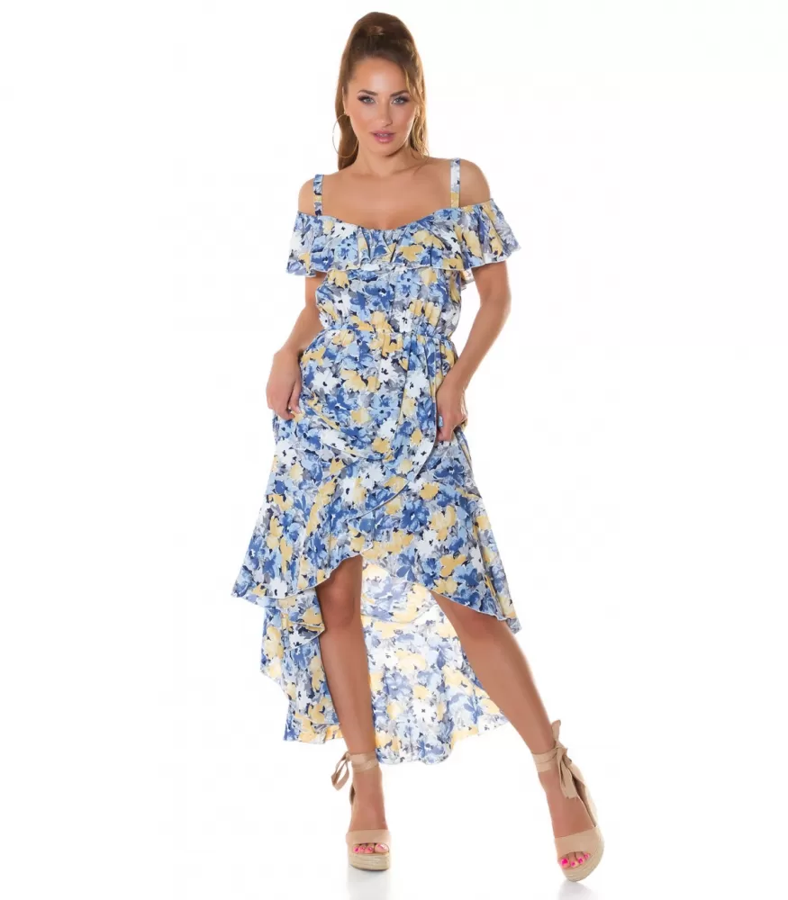 Blue floral pattern with high low maxi dress ruffles