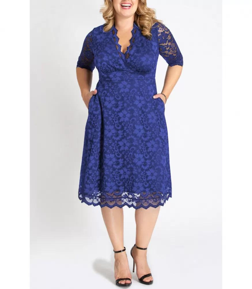 Blue half-sleeved v-lace dress (plus size) – XL