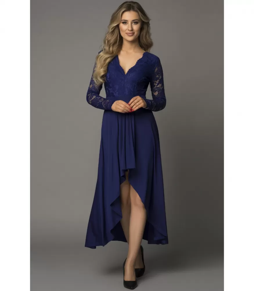 Blue lace-sleeved high low party dress