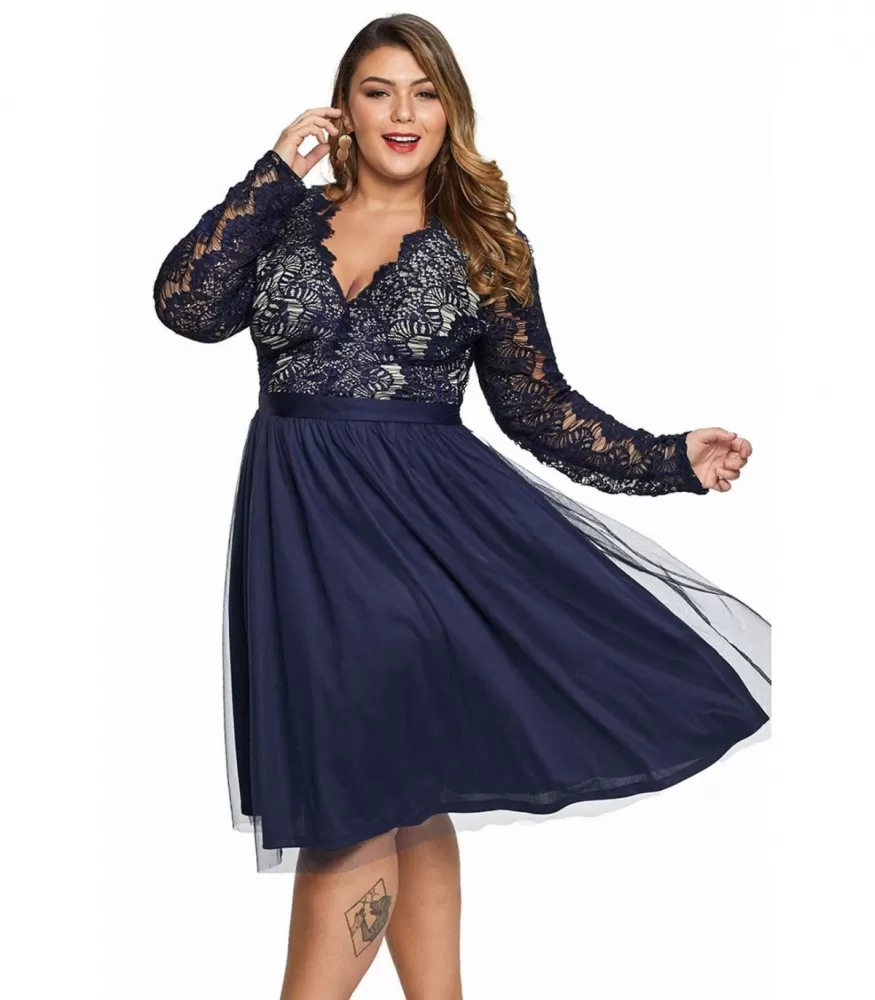 Blue long sleeved skater v lace dress plus size HerSecret