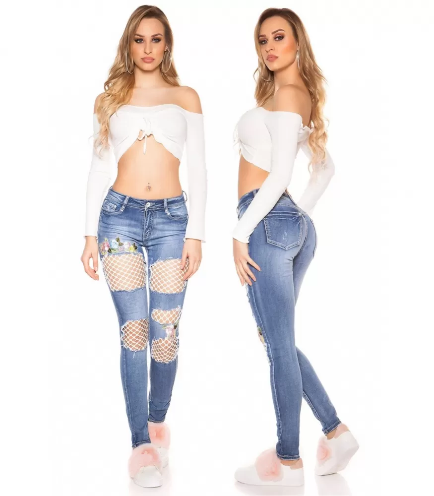 Blue mesh-embedded floral jeans [LAST CHANCE]
