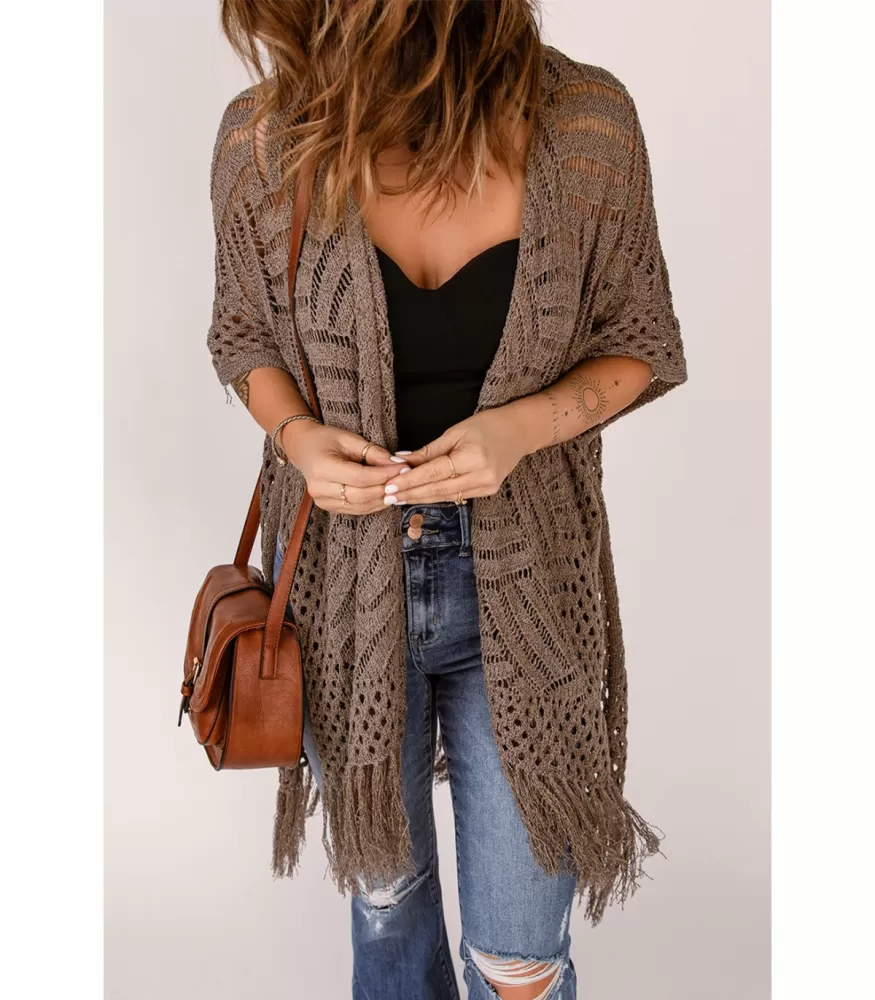 Brown crocheted kimono with fringes