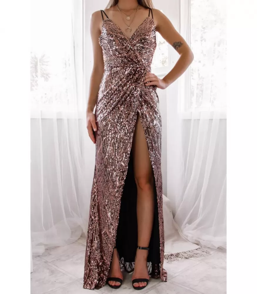 Brown v-sequin maxi dress with slit