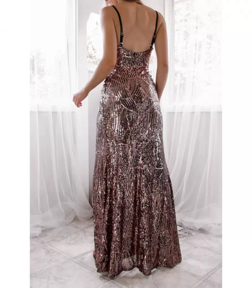 Brown v-sequin maxi dress with slit | HerSecret.fi