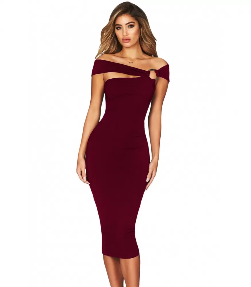 Burgundy Off-Shoulder Ring-Decorated Mid dress [LAST CHANCE]