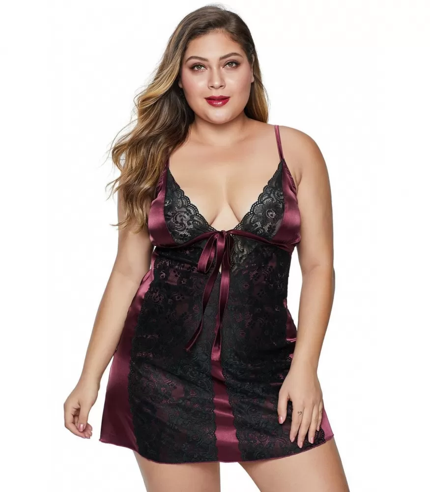 Burgundy and Black Lace Adorned Satin Babydoll (Plus Size) [DISCOVERY]