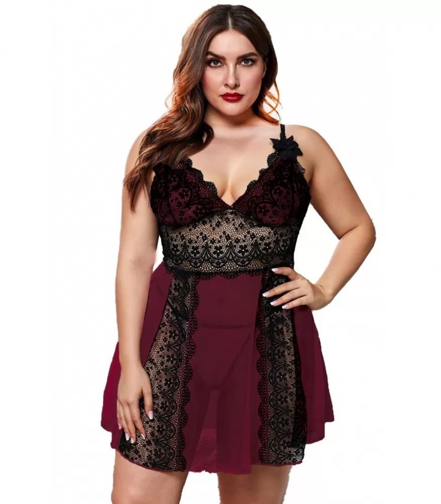 Burgundy black babydoll with lace and flower ornament (plus size)