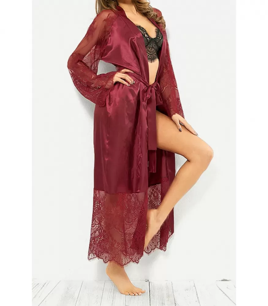 Burgundy lace sleeve long dressing gown