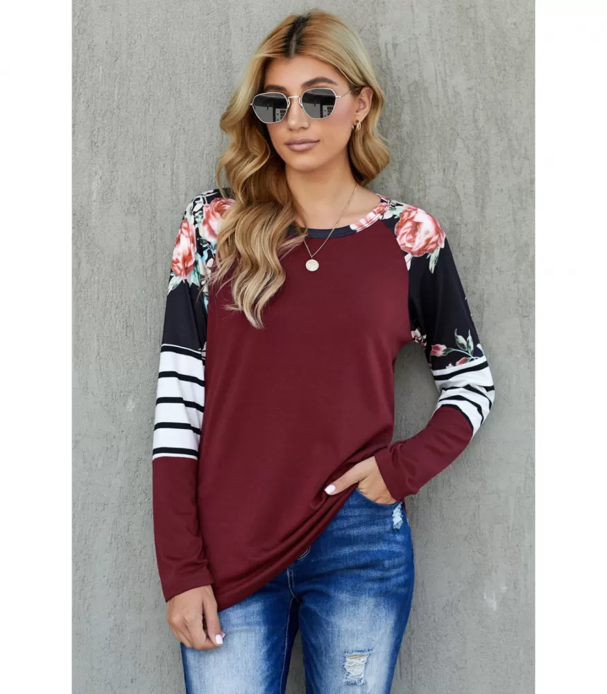 Burgundy shirt with floral and stripe sleeves