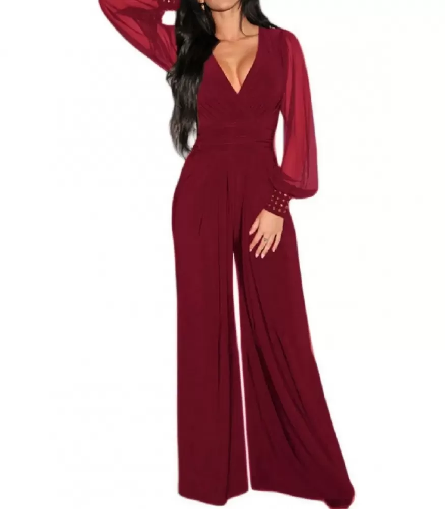 Burgundy spiked sleeve v-jumpsuit with mesh sleeves