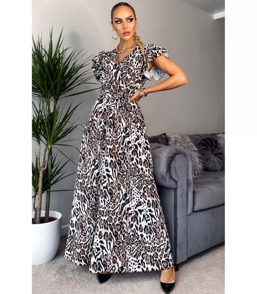 CW Cordelia brown leo-patterned v-maxi dress with ruffles