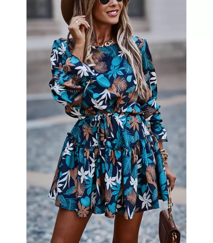 CW Fiora Leaf Print Long Sleeve Dress With Belt [DISCOVERY]