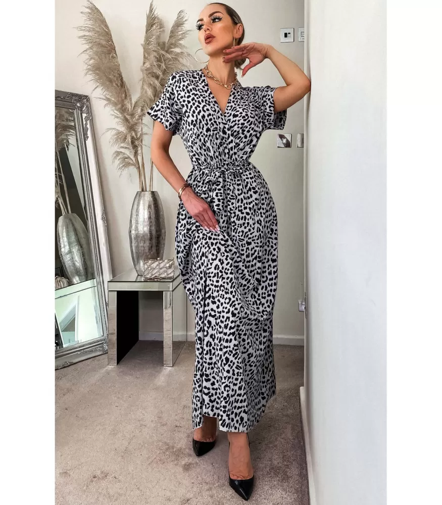 CW Louise grey leopard print wrap-look v maxi dress dress