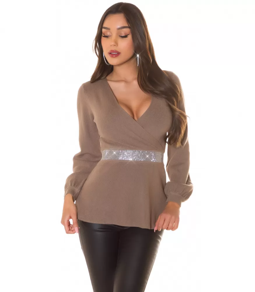 Cappuccino baggy sleeved wrap-look v-knit with rhinestones