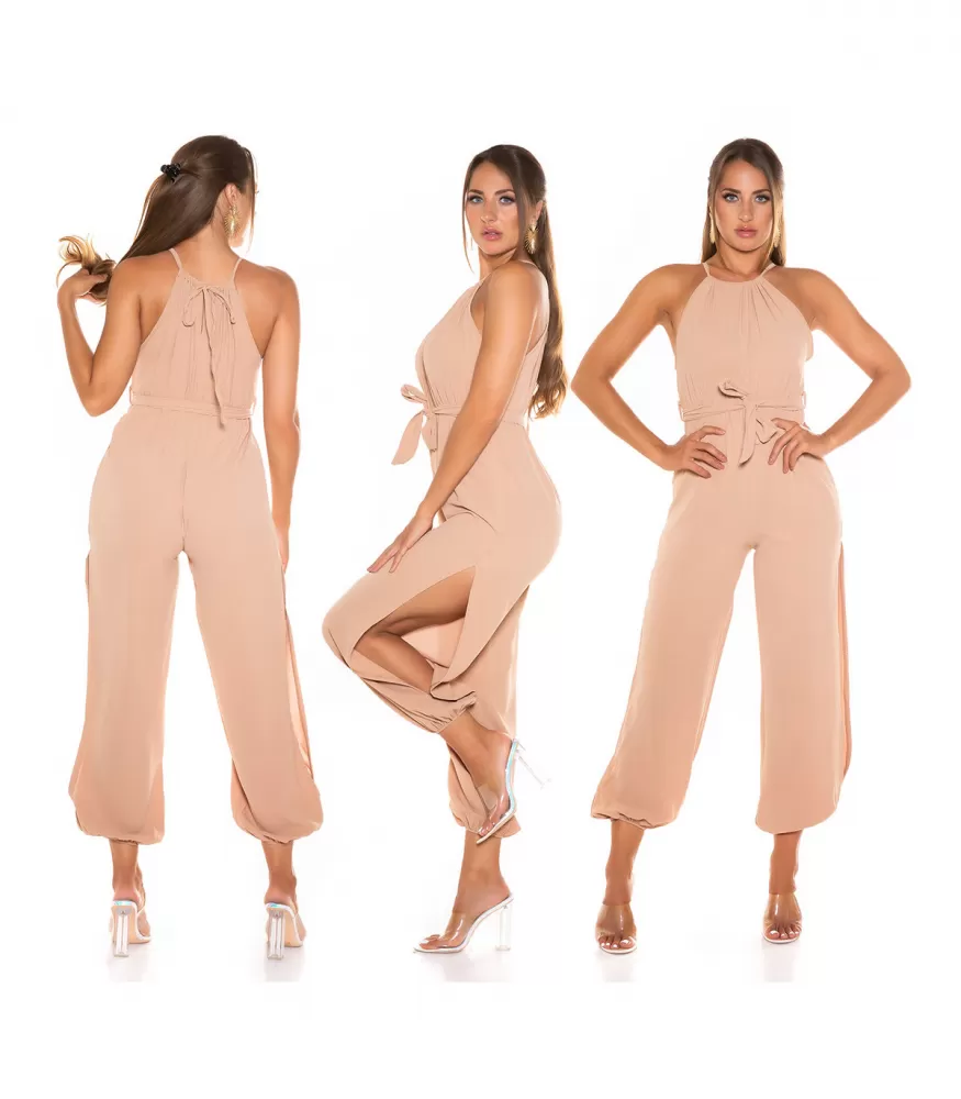 Cappuccino jumpsuit with belt and slit legs [DISCOVERY]