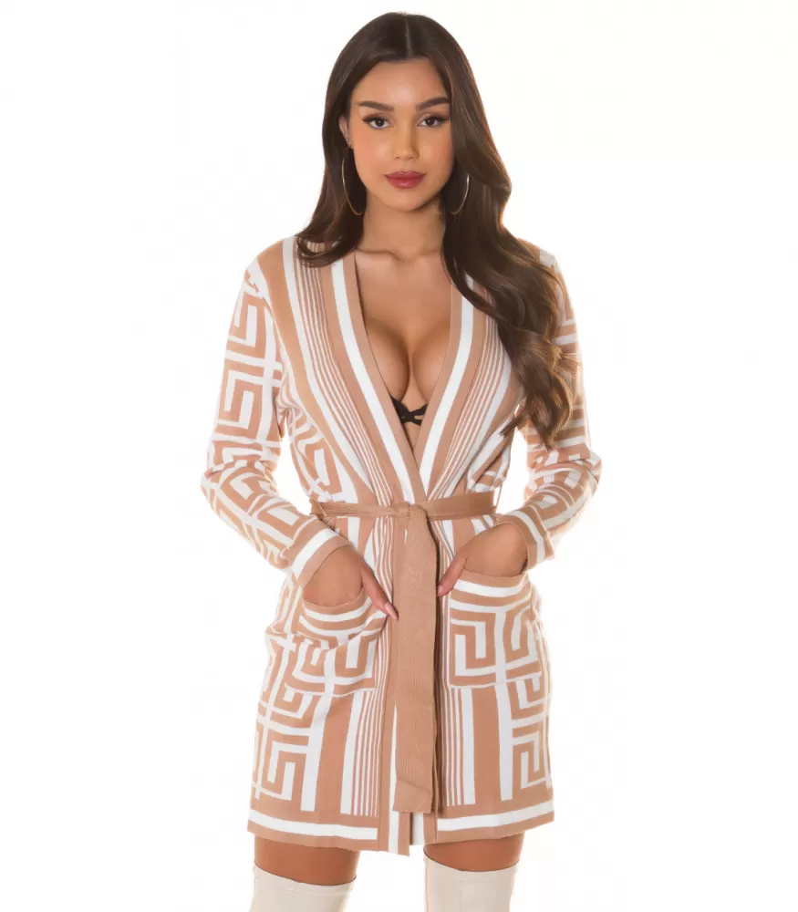 Cappuccino patterned cardigan/knitted dress with belt