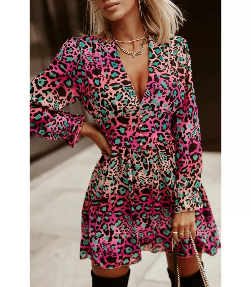 Colorful leopard print long sleeve v-dress with buttons