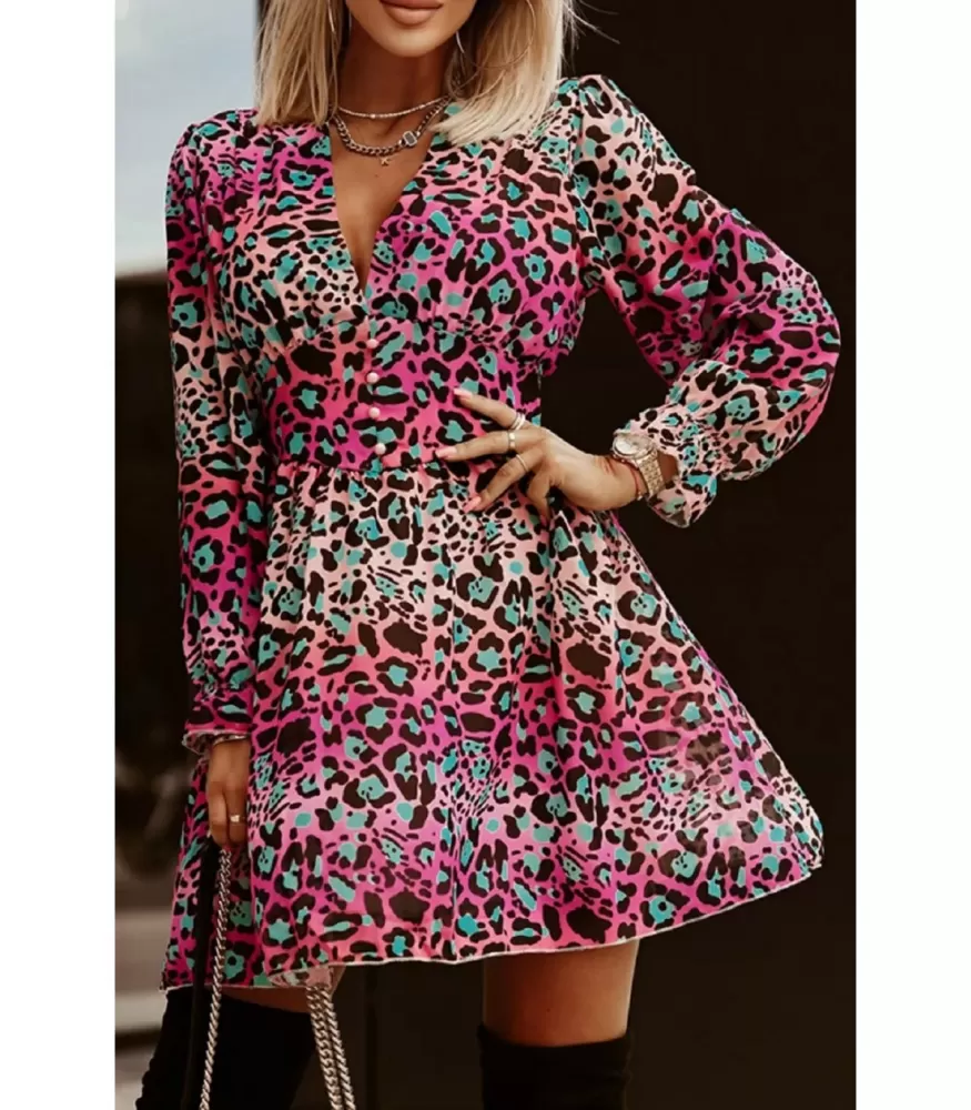 Colorful leopard print long sleeved v dress with buttons HerSecret.fi