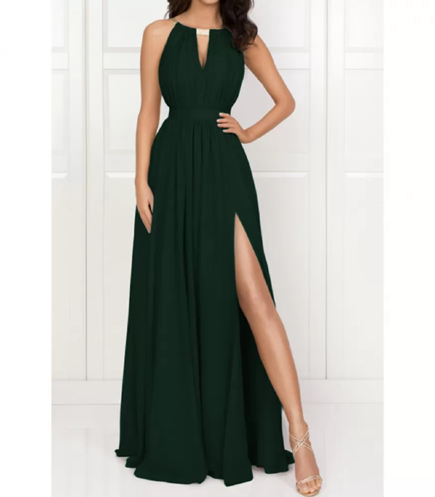 Dark green long party dress with peephole and slit