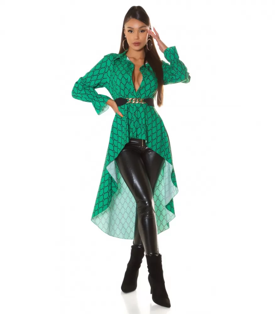 Green-and-black print pattern high low blouse with belt [DISCOVERY]
