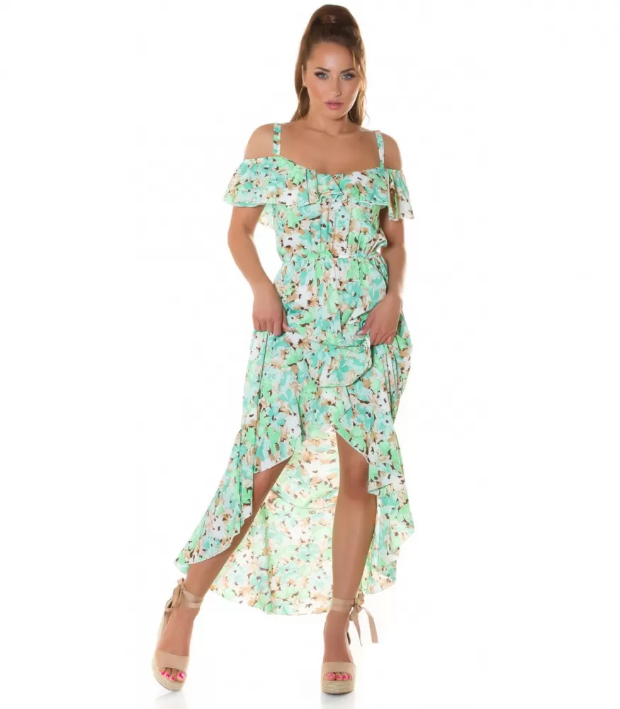Green floral pattern high low maxi dress with ruffles