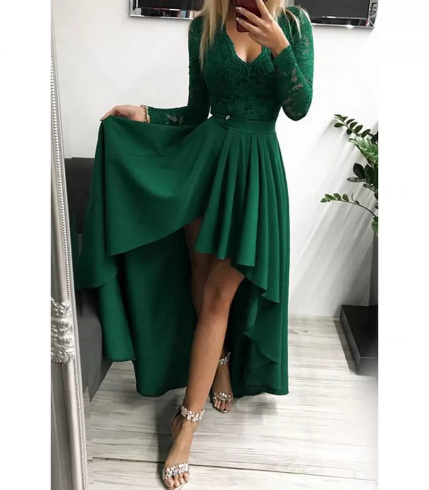 Green lace sleeve high low party dress