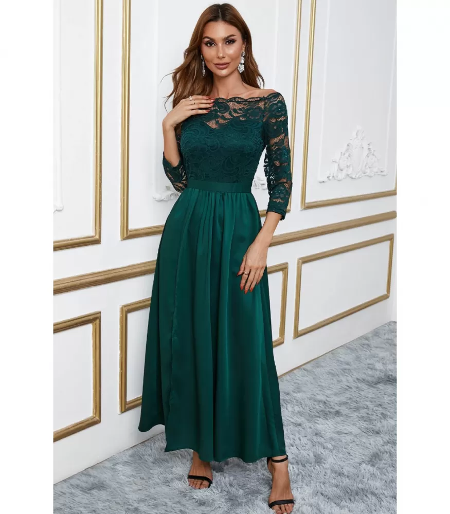 Green long party dress with lace and slit