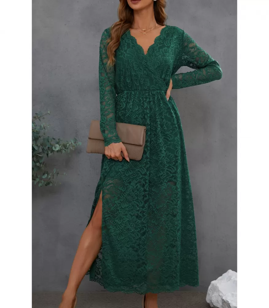 Green long-sleeved long v-lace dress with slit