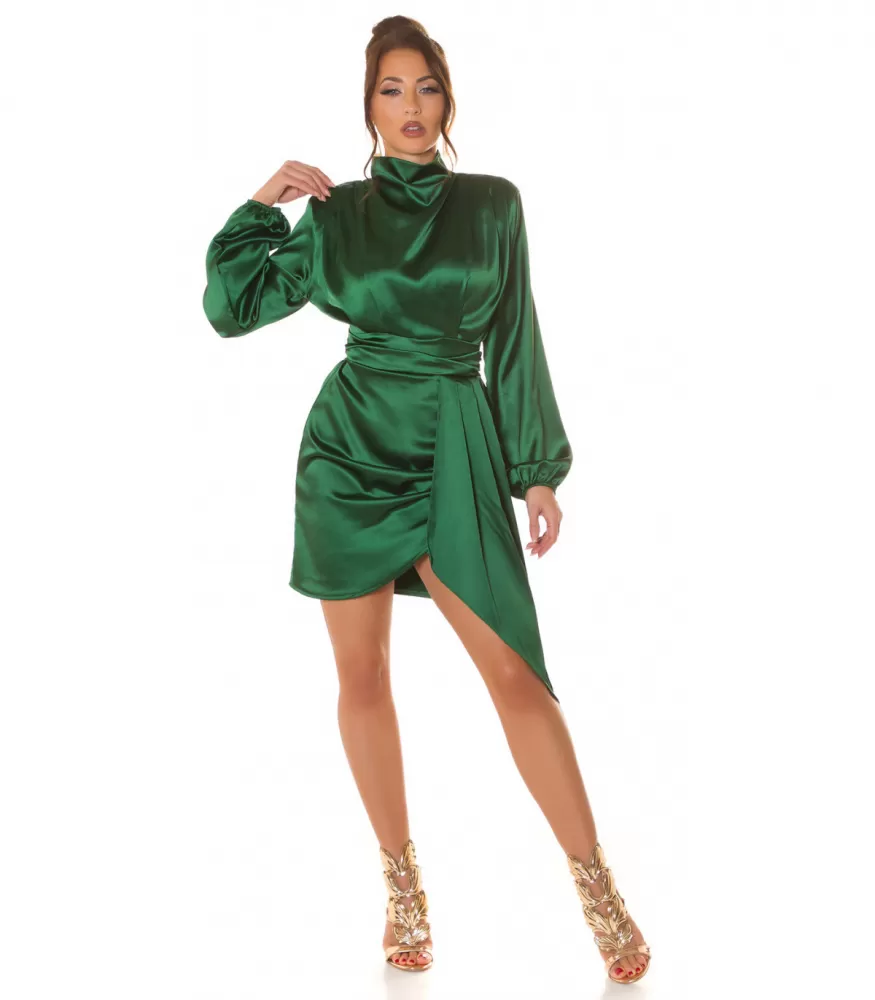 Green long-sleeved satin look dress with flaming