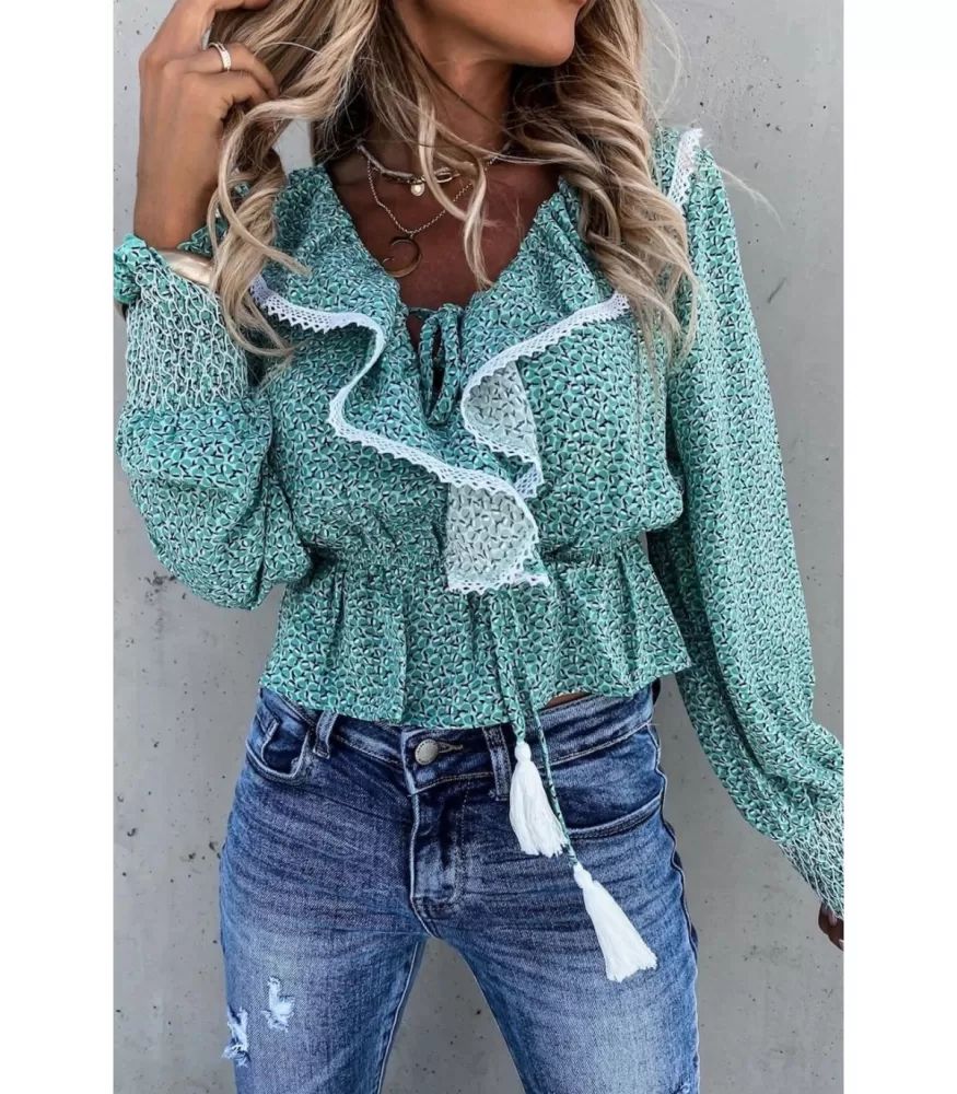 Green print pattern short ruffle blouse with bag sleeves
