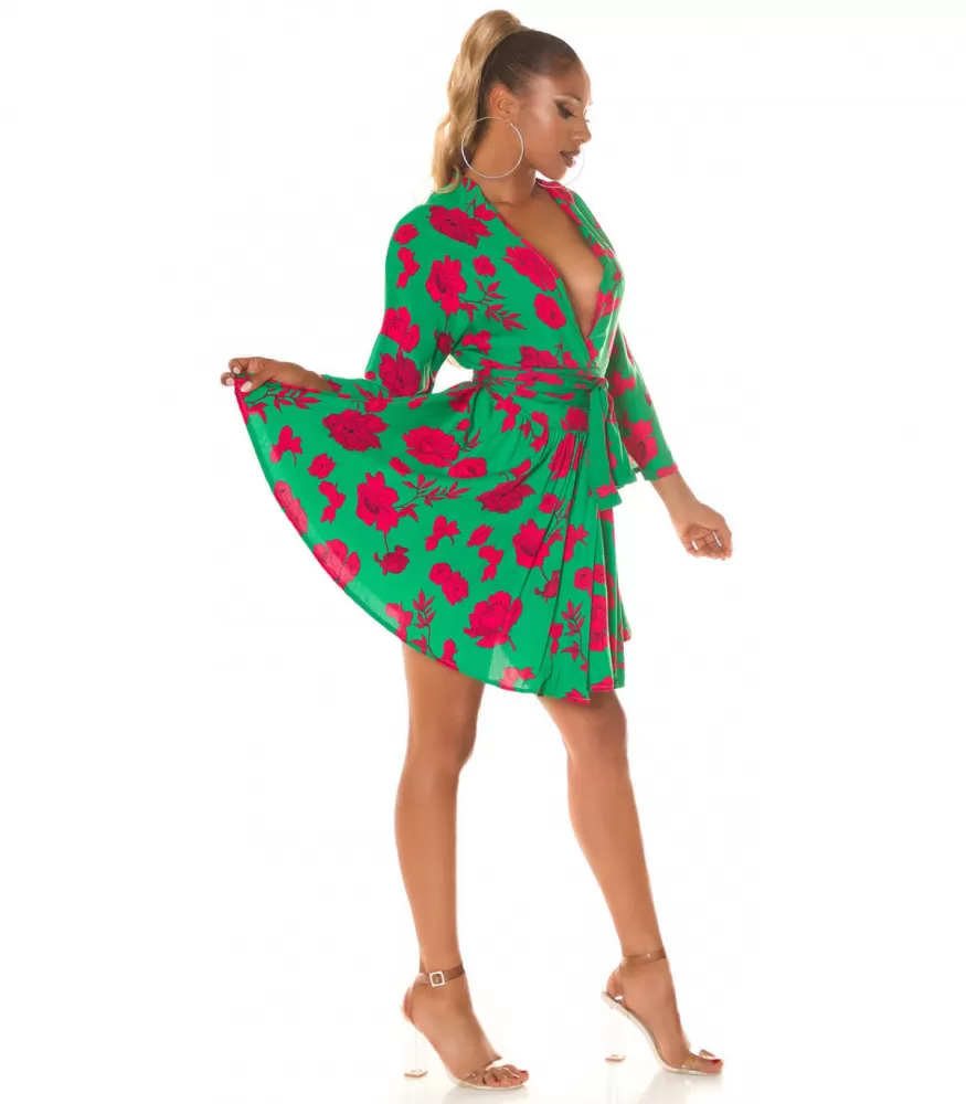 Green-and-red floral pattern wrap-look v-dress | HerSecret.fi Green-and-red floral pattern wrap-look v-dress | HerSecret.fi