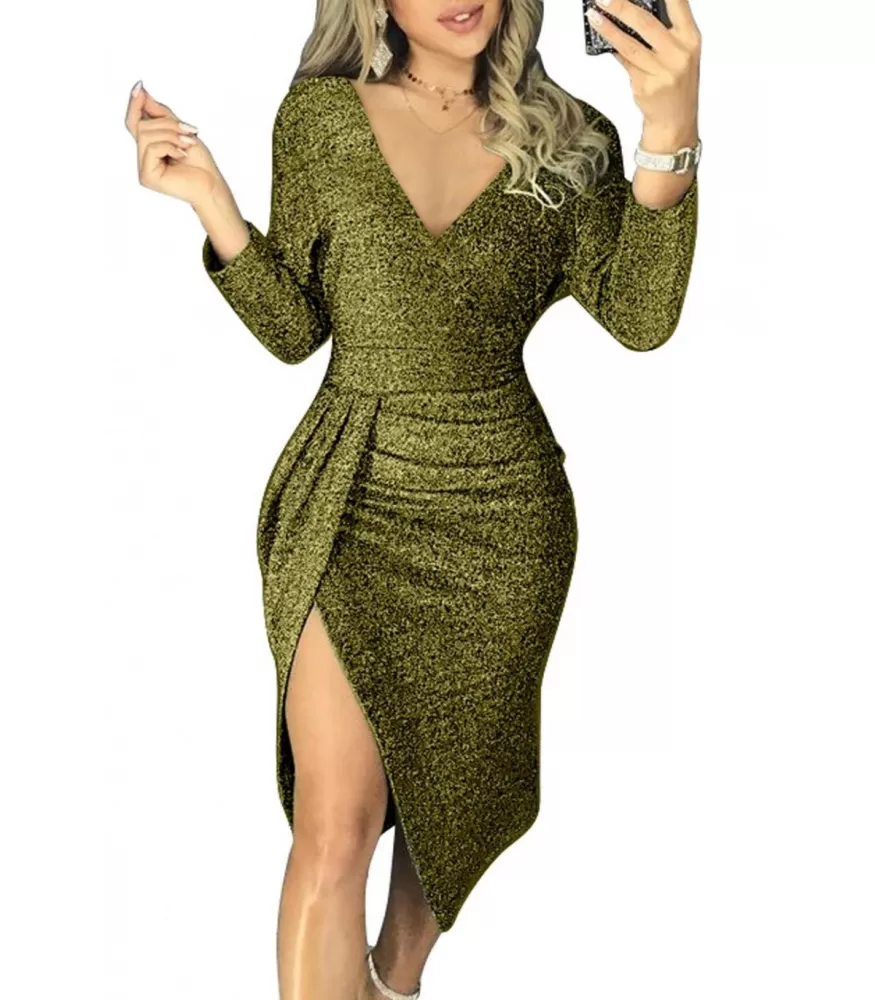 Green v-glitter dress with slit [LAST CHANCE]