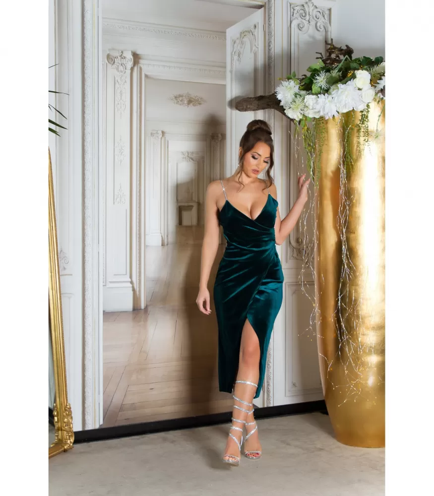 green emerald velvet dress Blue Green Tropical Print Gold Chain Straps Tie Up Sides Dress