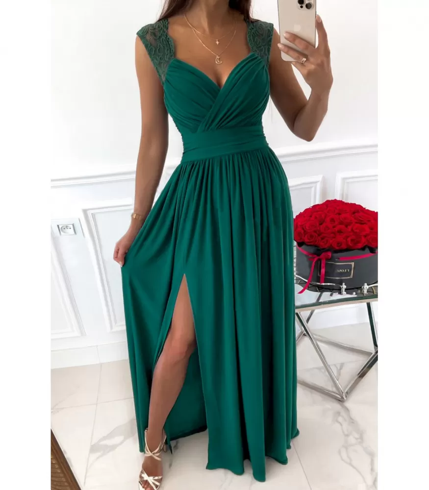 Green wrap-look v-maxiko with lace and slit