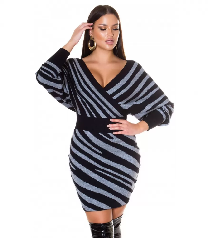 Grey black zebra striped wrap-look v-knit dress