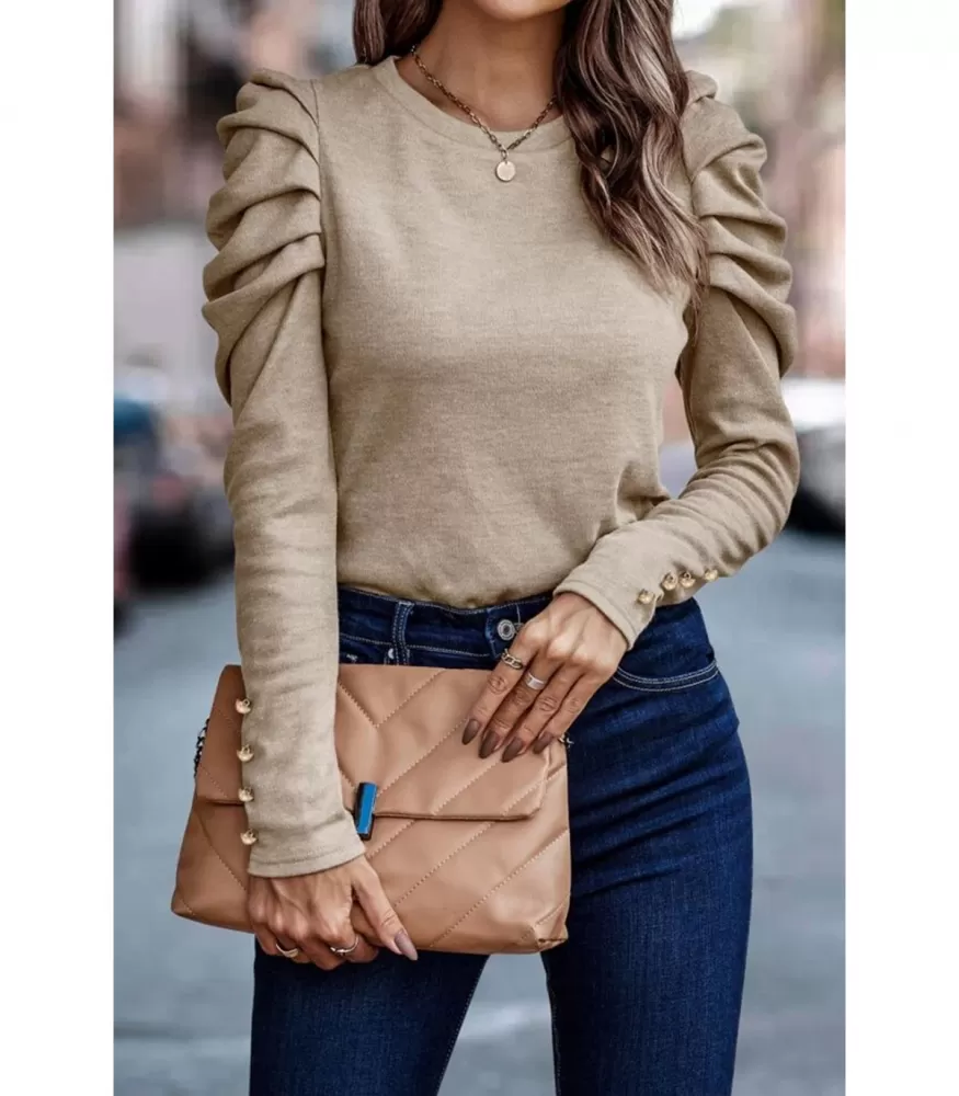 Khaki long-sleeved shirt with puff sleeves and buttons
