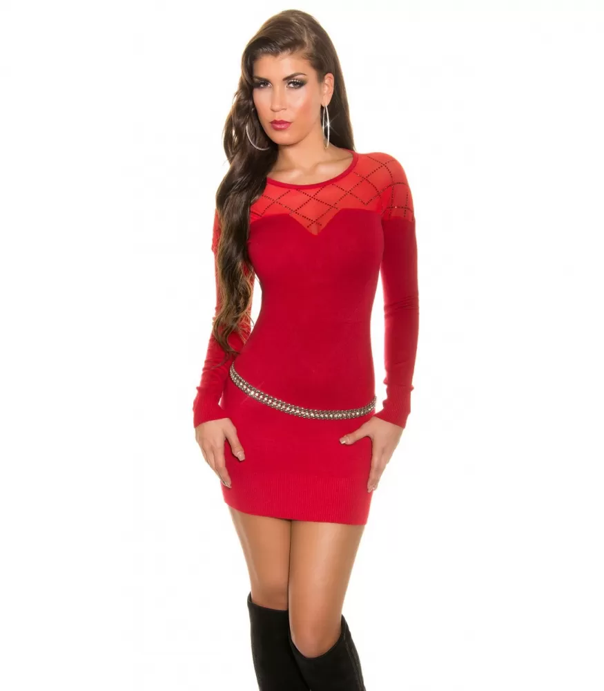 Koucla a red mesh and rhine-decorated knit dress