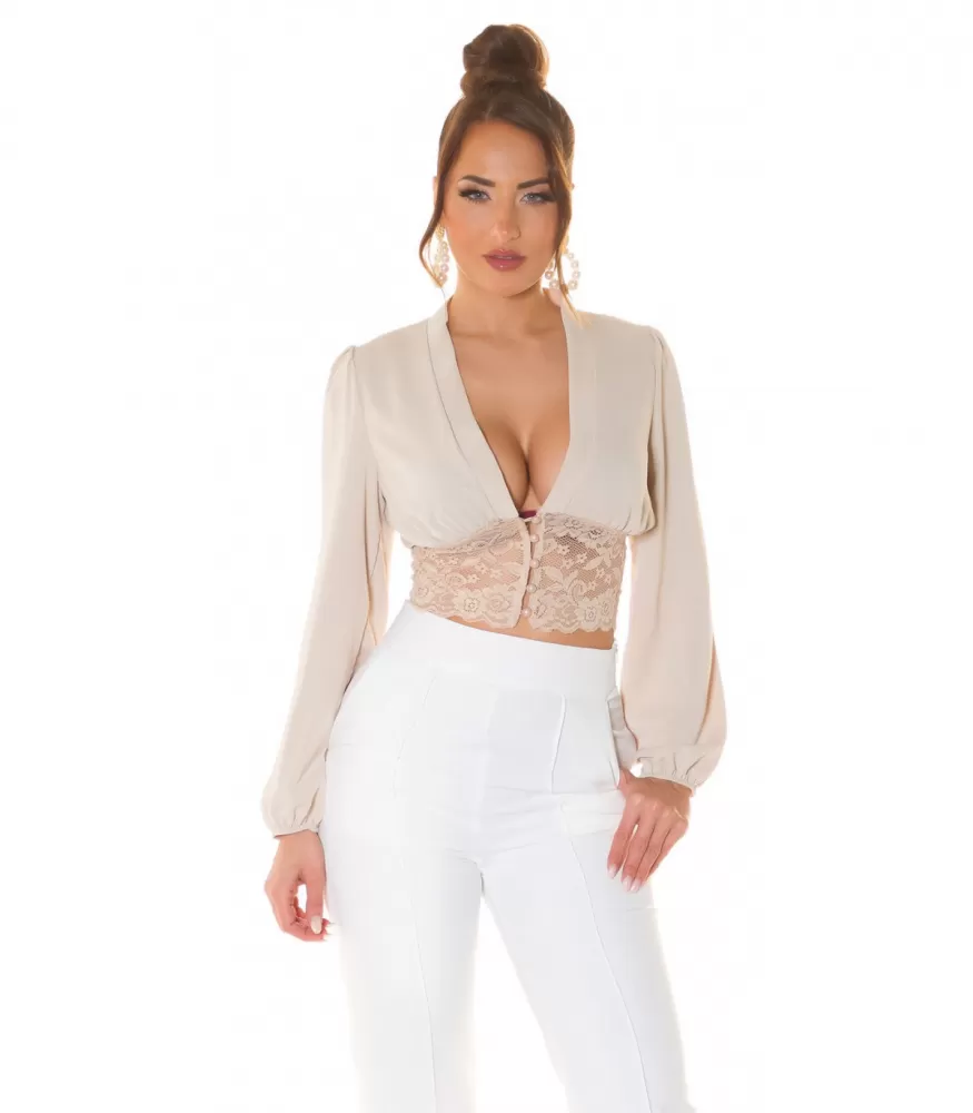 Koucla beige baggy sleeved short v-blouse with lace and beads