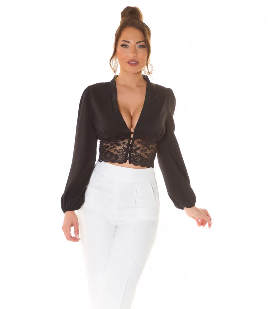 Koucla black baggy sleeved short v-blouse with lace and beads