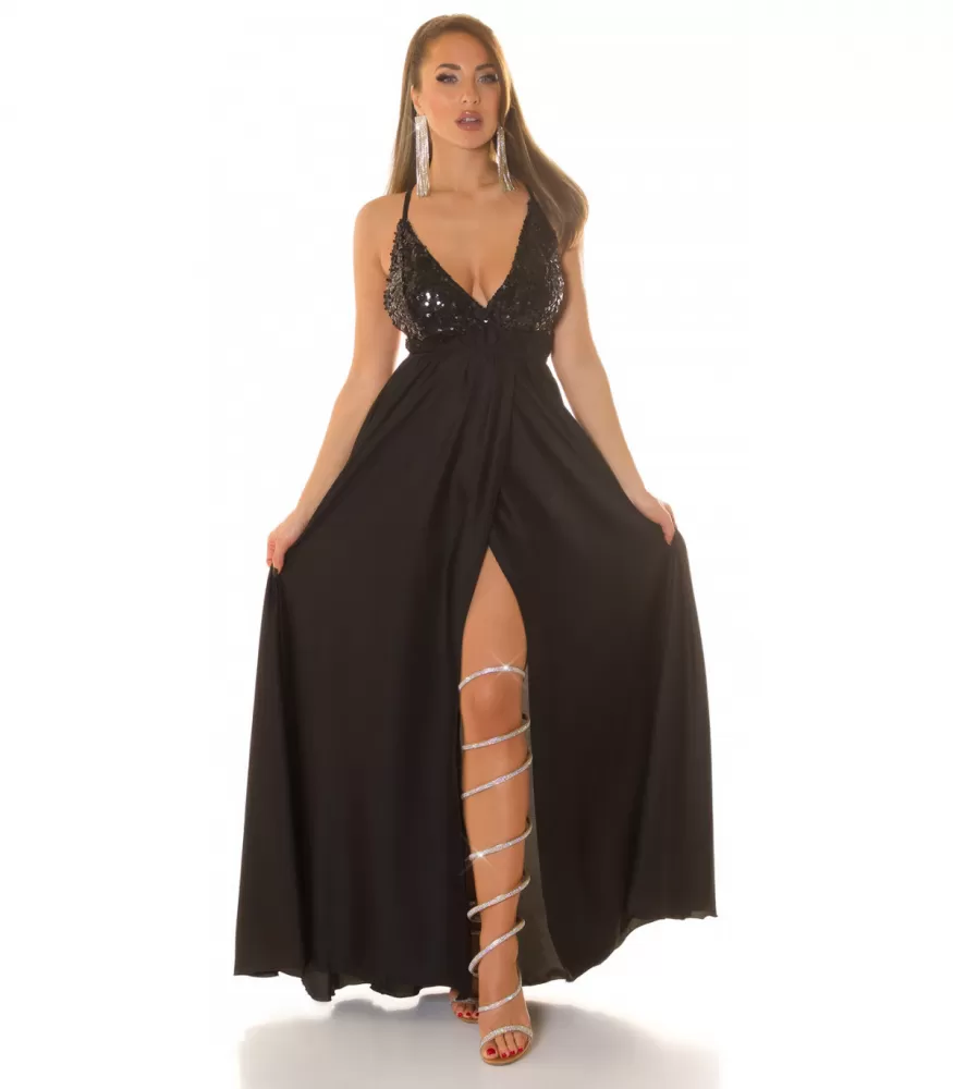 Koucla black long satin look v-party dress with sequins