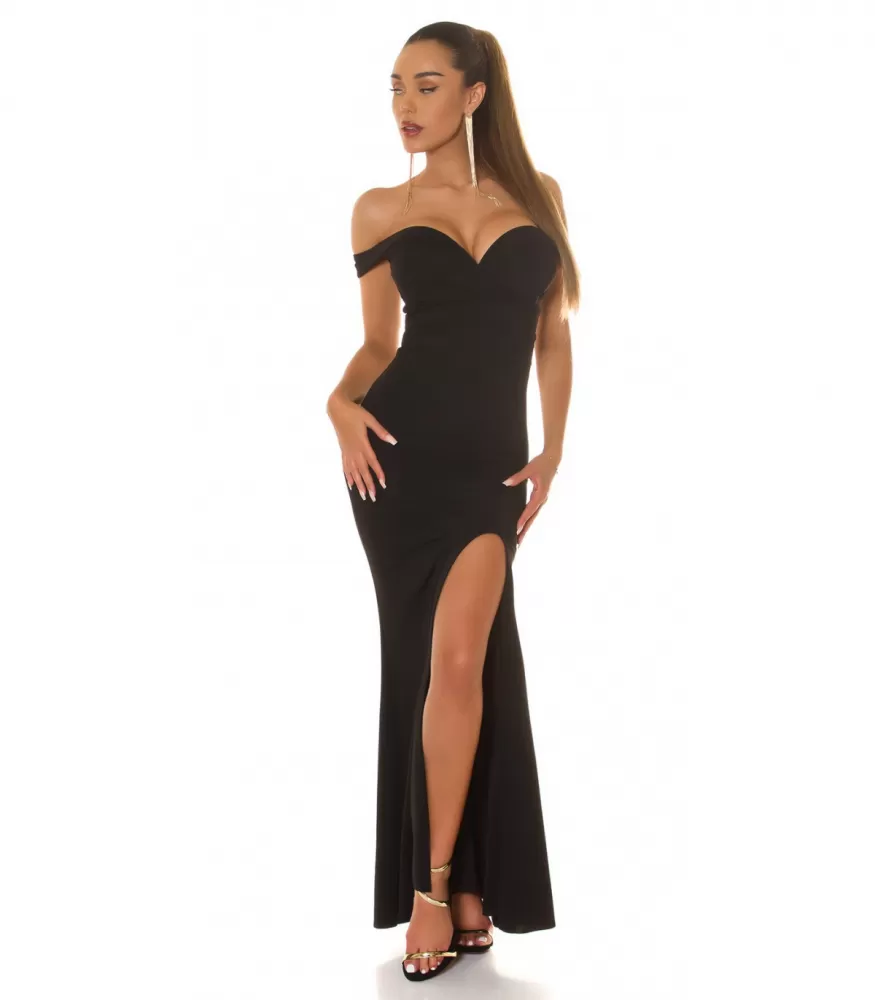 Koucla black off-shoulder long party dress with a slit