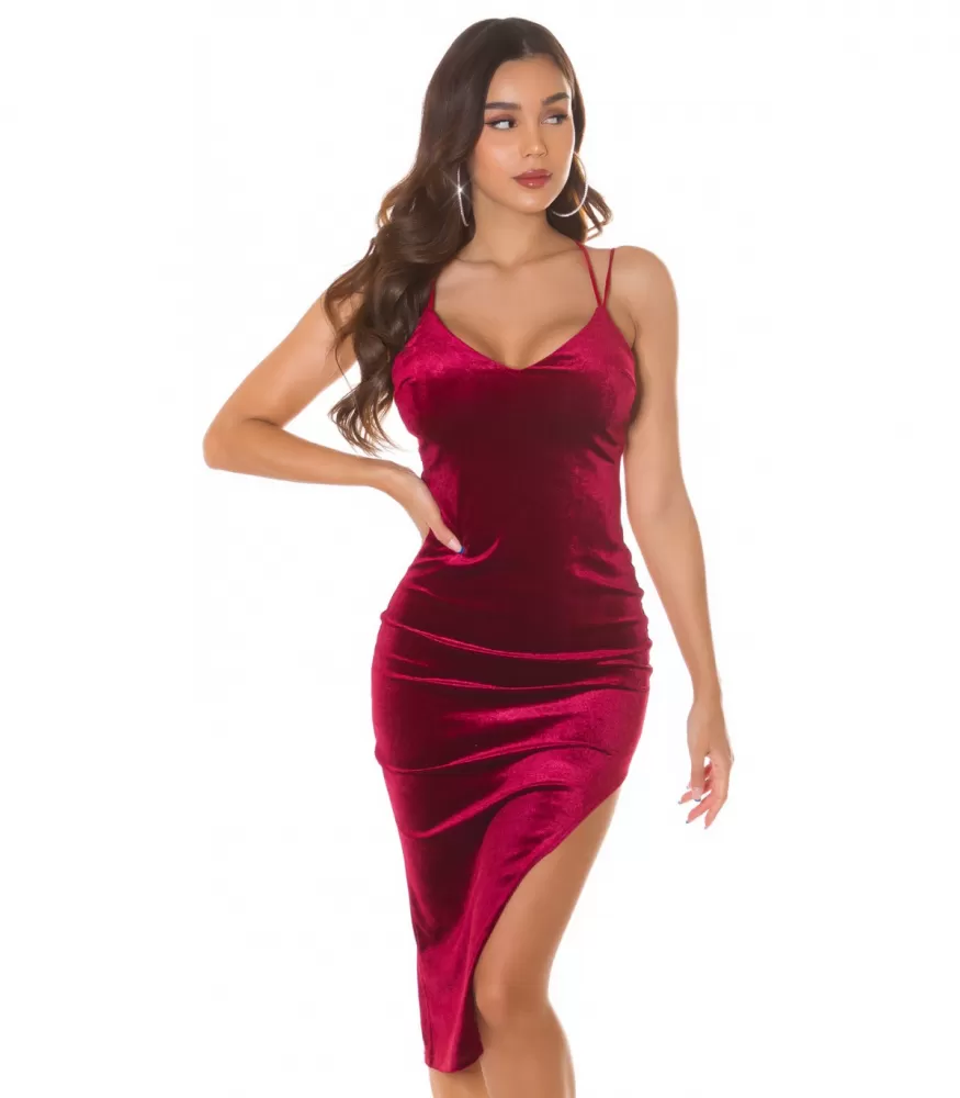 Koucla burgundy v-velvet look midi dress with slit