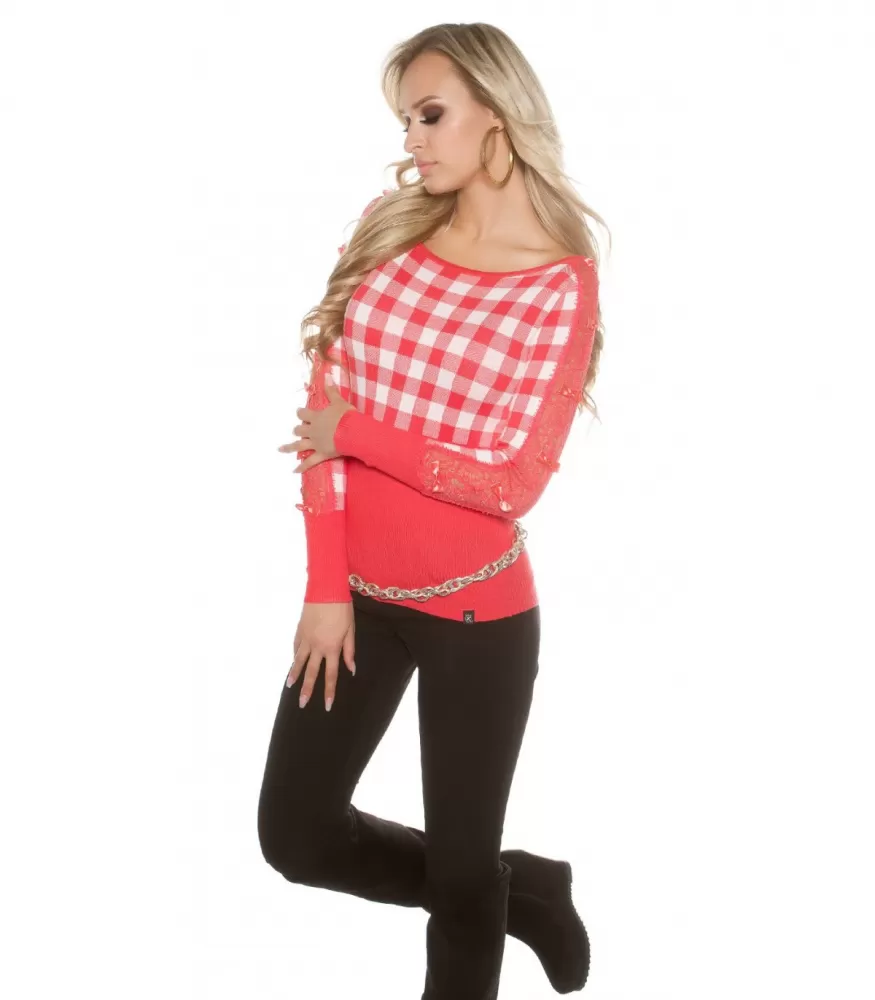 Koucla coral checkered knit with lace sleeves [LAST CHANCE]