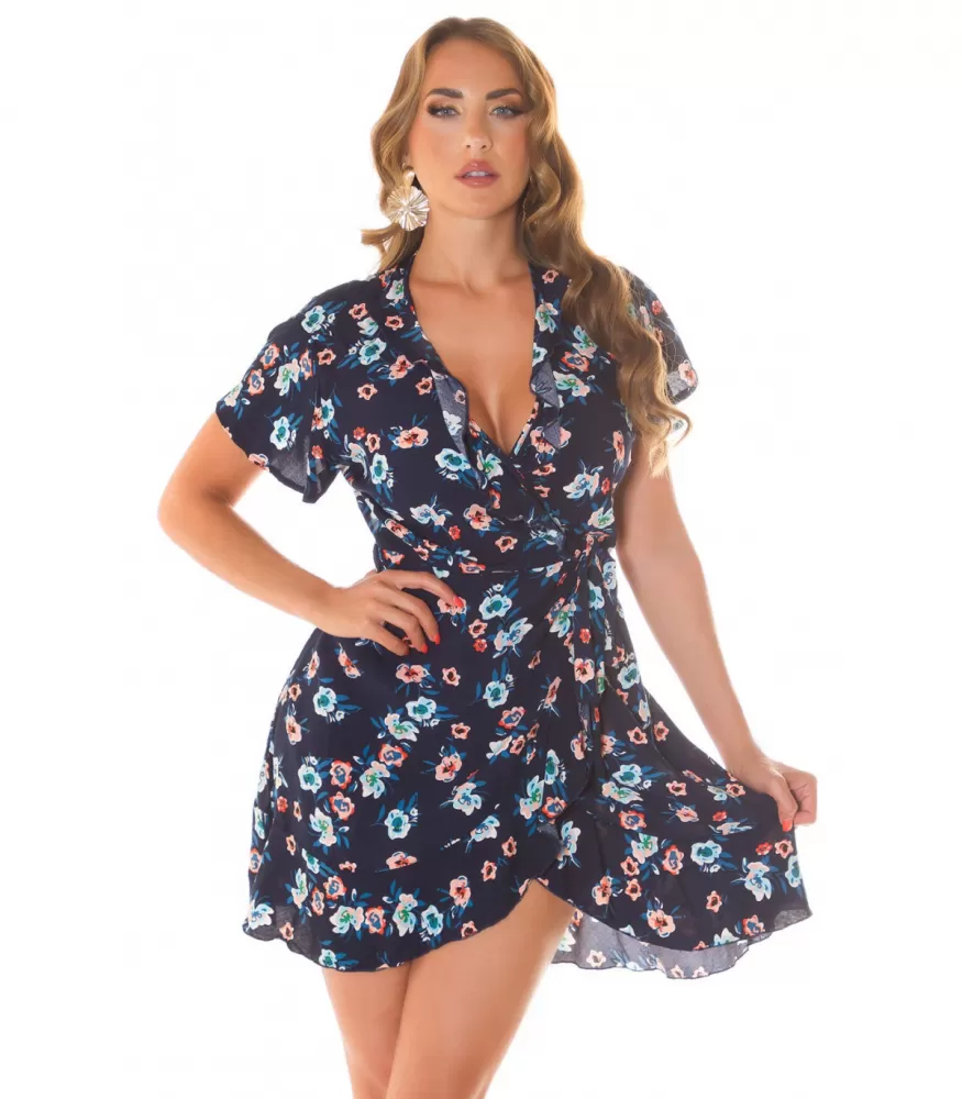 Koucla dark blue short-sleeved floral pattern v-wrap dress