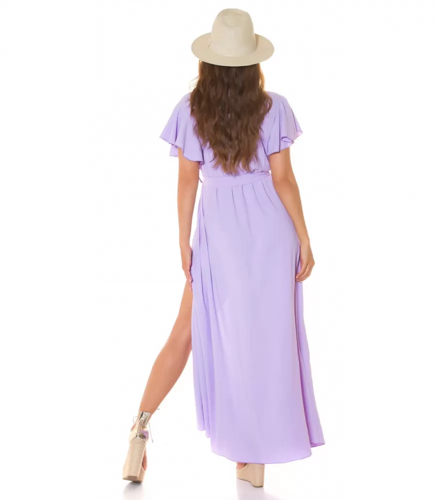 Koucla lilac short sleeve V wrap maxi dress with slit and belt HerSecret.fi