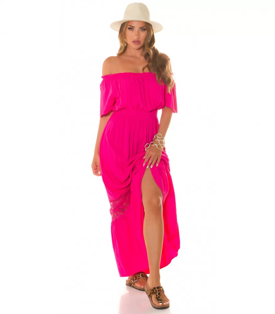 Koucla pink off-shoulder maxi dress with decorative embroidery on the hem
