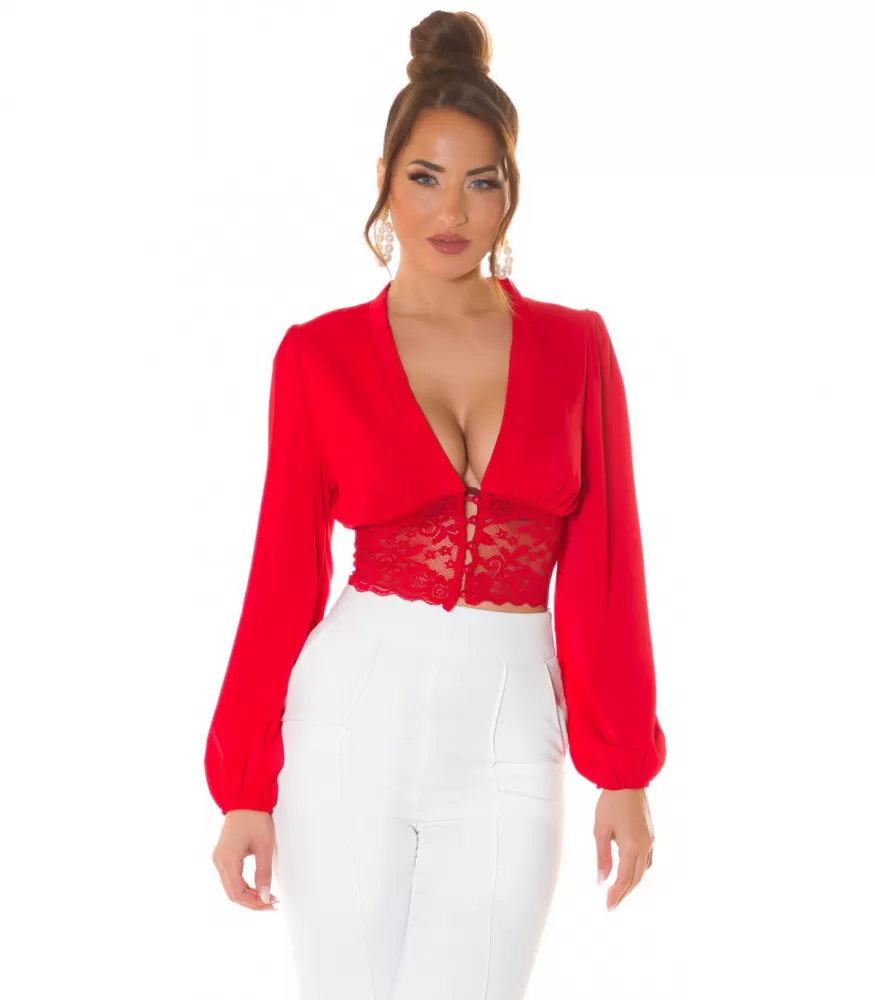 Koucla red baggy sleeved short v-blouse with lace and beads